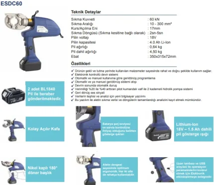 Şafak ESDC-60 10-300 mm2 Şarjlı Pabuç Sıkma Pensesi