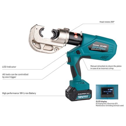 ED-400 şarjlı hidrolik pabuç sıkma pensesi 16-400 mm² bakır ve 300 mm² bimetal alüminyum pabuç sıkma